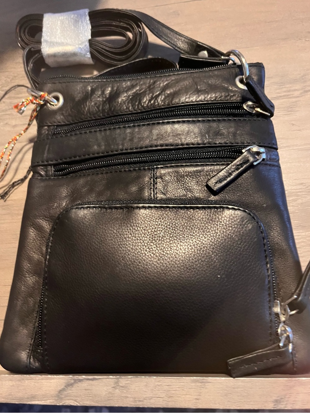 New Black Leather Crossbody Bag with Multiple Zip Pockets